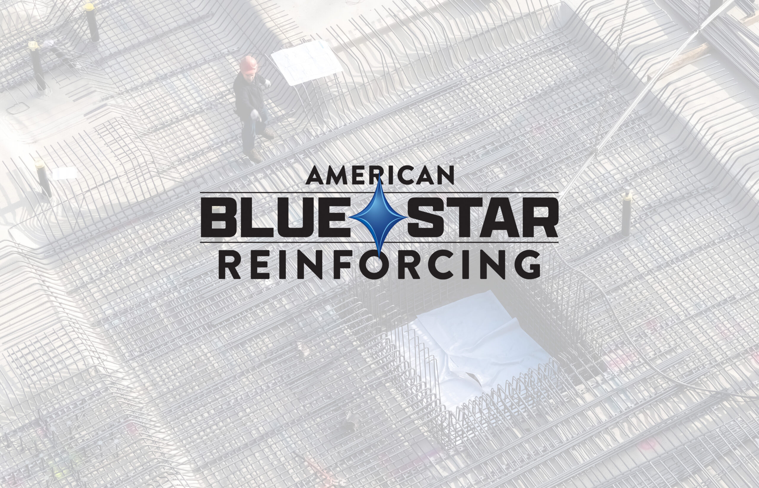 White Giraffe Creative logo design American Blue Star Reinforcing logo over faded photo of man with hardhat on structure of rebar