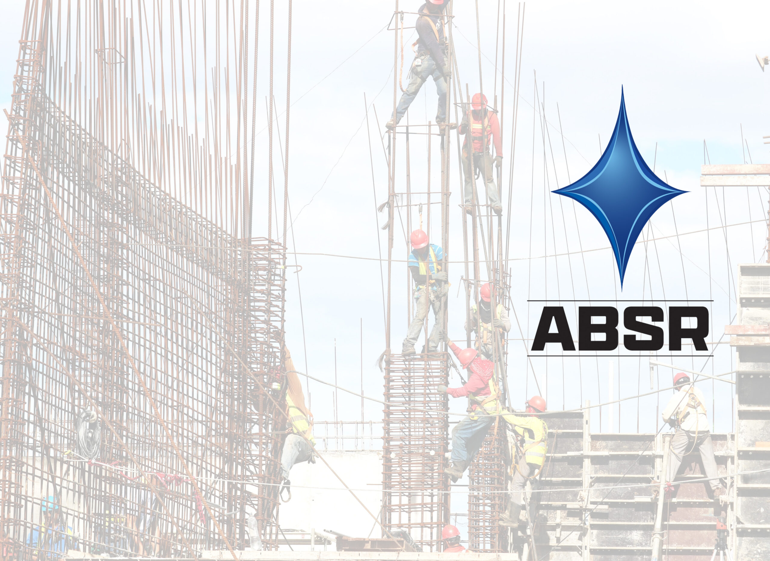 White Giraffe Creative logo design American Blue Star Reinforcing logo over faded photo of men with hardhats climbing on structure of rebar