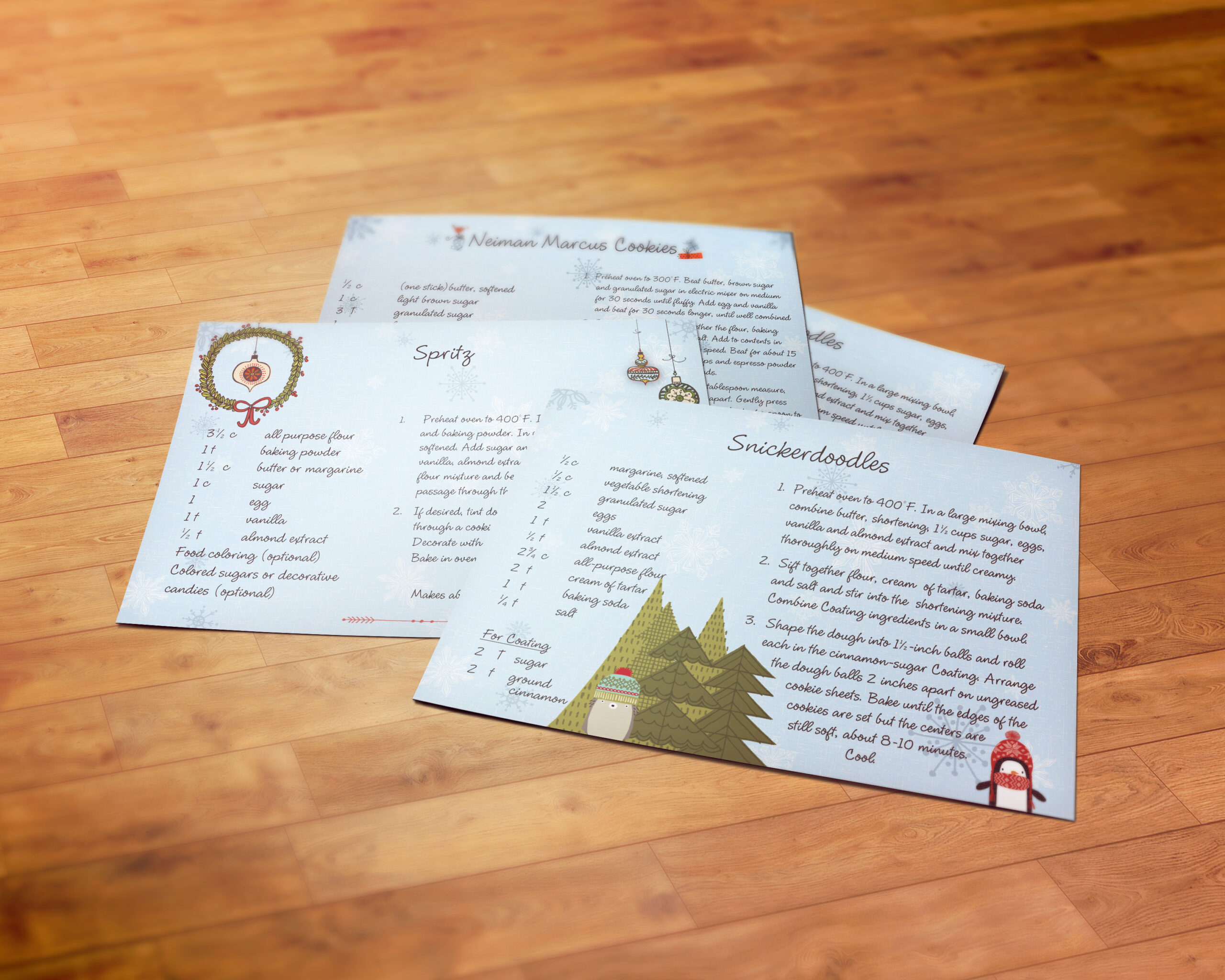 White Giraffe Creative design layout sample of recipe cards winter scene fun illustrations Christmas ornaments winter hand-drawn characters