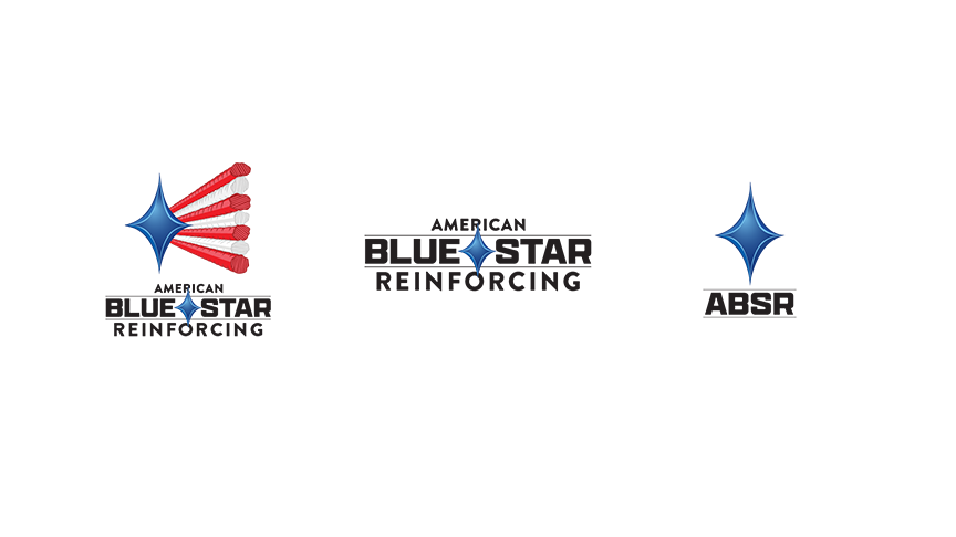 White Giraffe Creative logo design American Blue Star Reinforcing logo illustration of blue star and red and white rebar over faded image of concrete structure